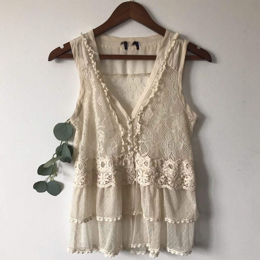 Boho Cream Lace Vest With Pearl Buttons